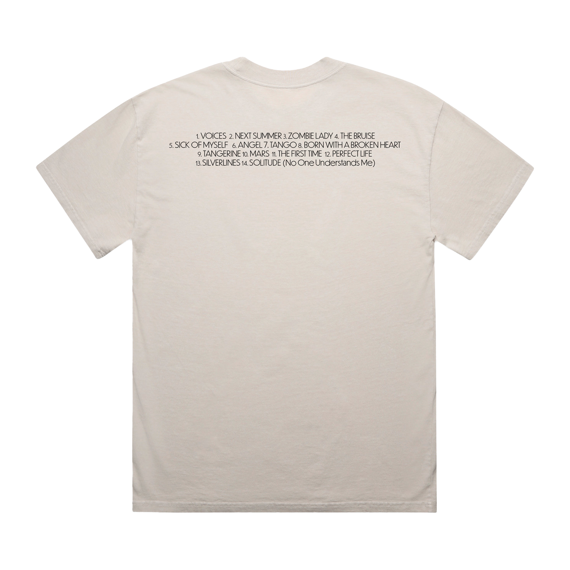 Back view of a white unisex T-shirt displaying the Damiano David ‘FUNNY little FEARS’ tracklist printed prominently across the upper back