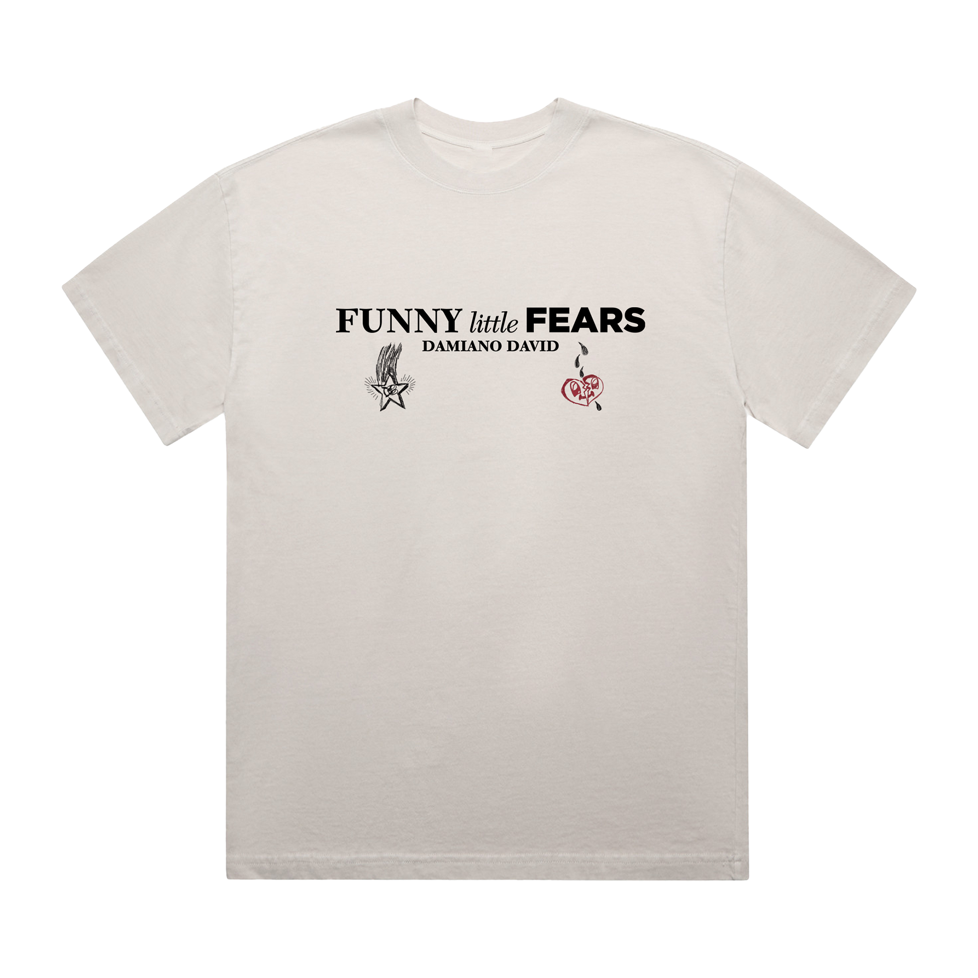 Front view of a white unisex T-shirt displaying black ‘FUNNY little FEARS - Damiano David’ text, accented by an illustrated falling star on the right and a red crying broken heart graphic on the left below the text