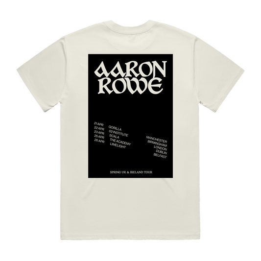 Back of a short-sleeve t-shirt with Aaron Rowe 2026 UK and Ireland tour print