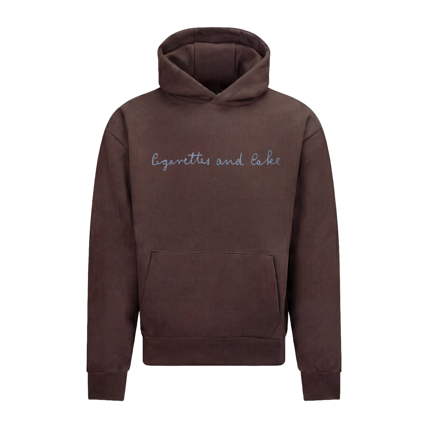 Brown Aaron Rowe hoodie with 'Cigarettes and Cake' text.