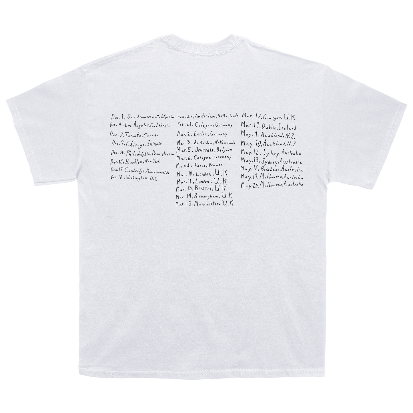 Back view of a white short-sleeve T-shirt featuring black text listing Audrey Hobert’s 2026 tour dates.