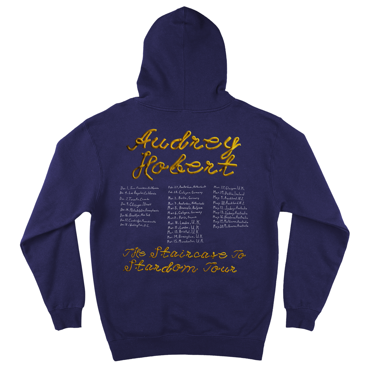 Back view of a navy hoodie featuring an Audrey Hobert 2026 tour date print across the back.