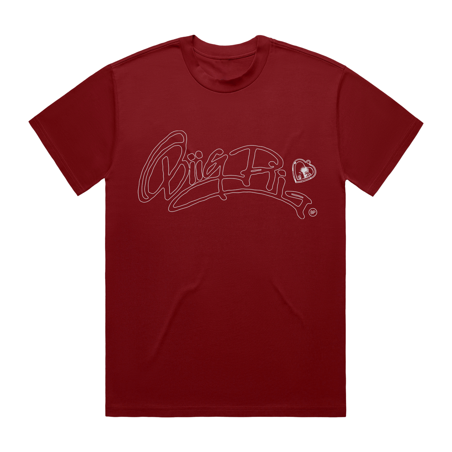 Front view of a red unisex T-shirt with a white outlined ‘Biig Piig’ text alongside a small heart-shaped locket outline containing a portrait of Biig Piig across the chest