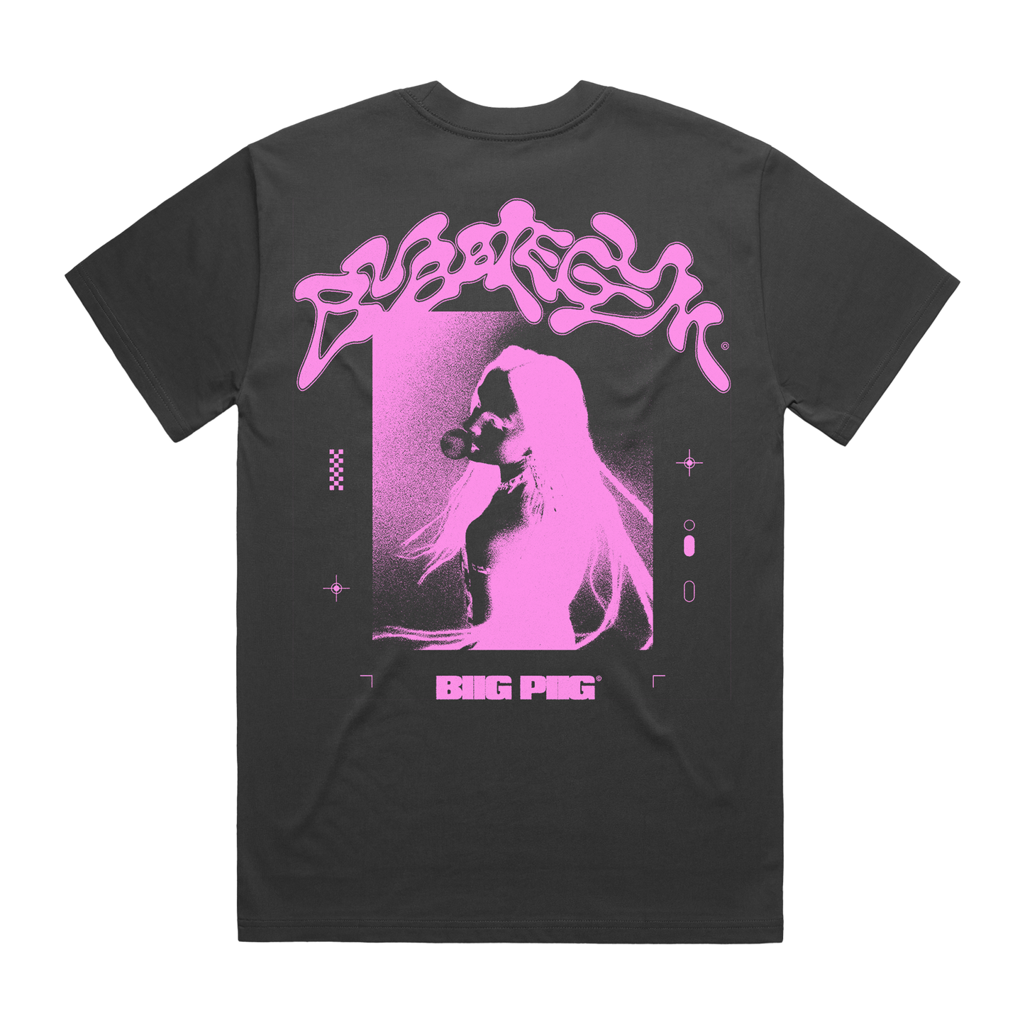 Charcoal grey unisex T-shirt back displaying a pink-toned reversed photo of Biig Piig blowing bubblegum. ‘Bubbelgum’ appears above in bold pink graffiti font, ‘BIIG PIIG’ in smaller bold text below, with graphic stars framing the print