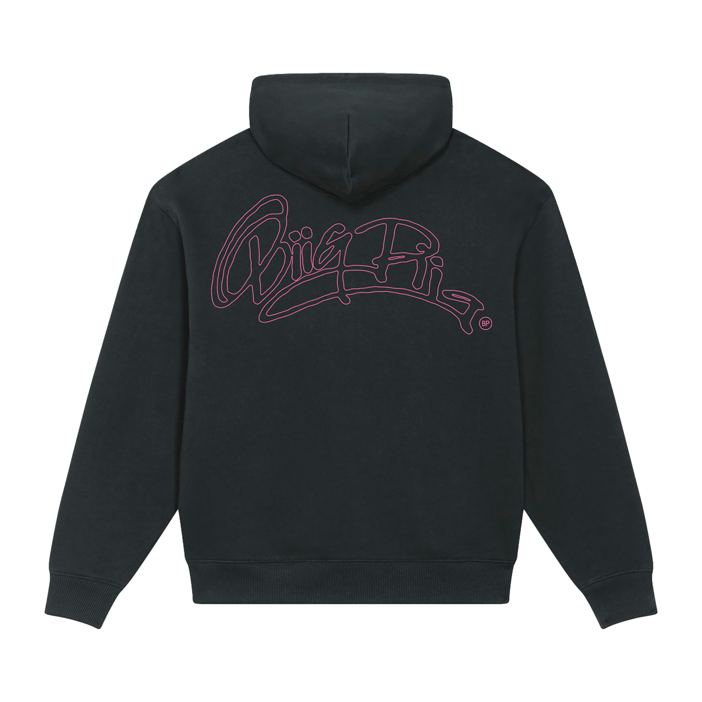 Back of a black unisex hoodie with hood, displaying bold pink outlined text spelling ‘Biig Piig’ across the upper back