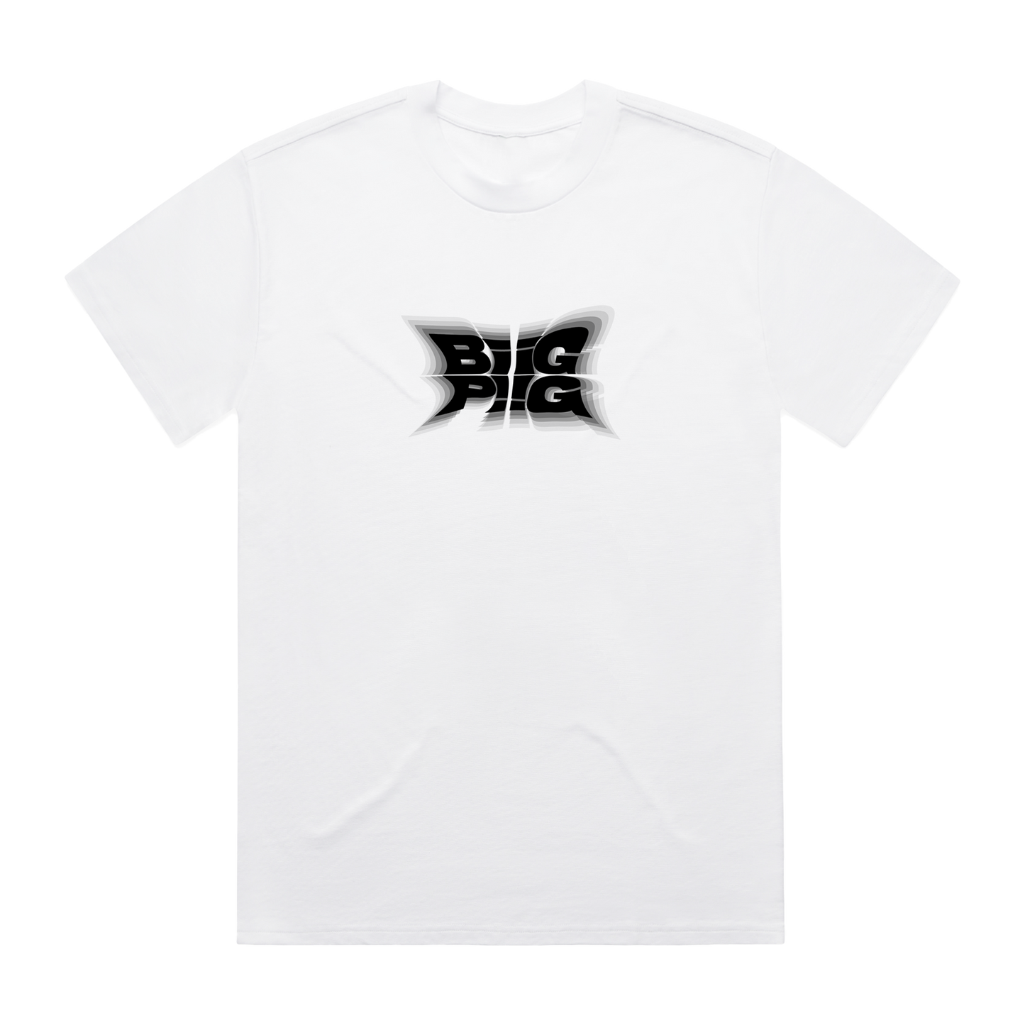 Front view of a white unisex T-shirt displaying distorted black text spelling ‘BIIG PIIG’ across the chest.