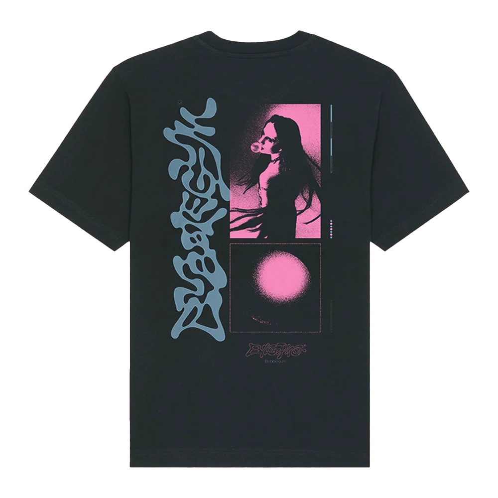 Vintage-washed black unisex T-shirt, back view, with a pink-toned reversed image of Biig Piig blowing bubblegum and vertical ‘Bubbelgum’ text in blue graffiti font beside it