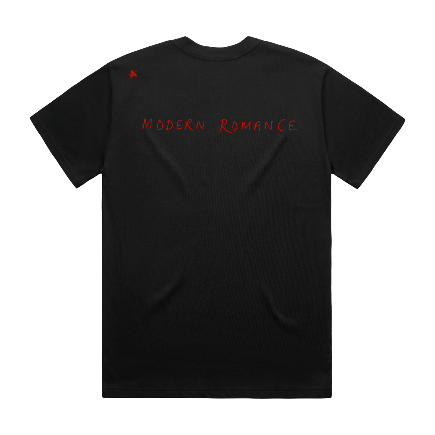 A black T-shirt with red text reading ‘Modern Romance’ across the back.