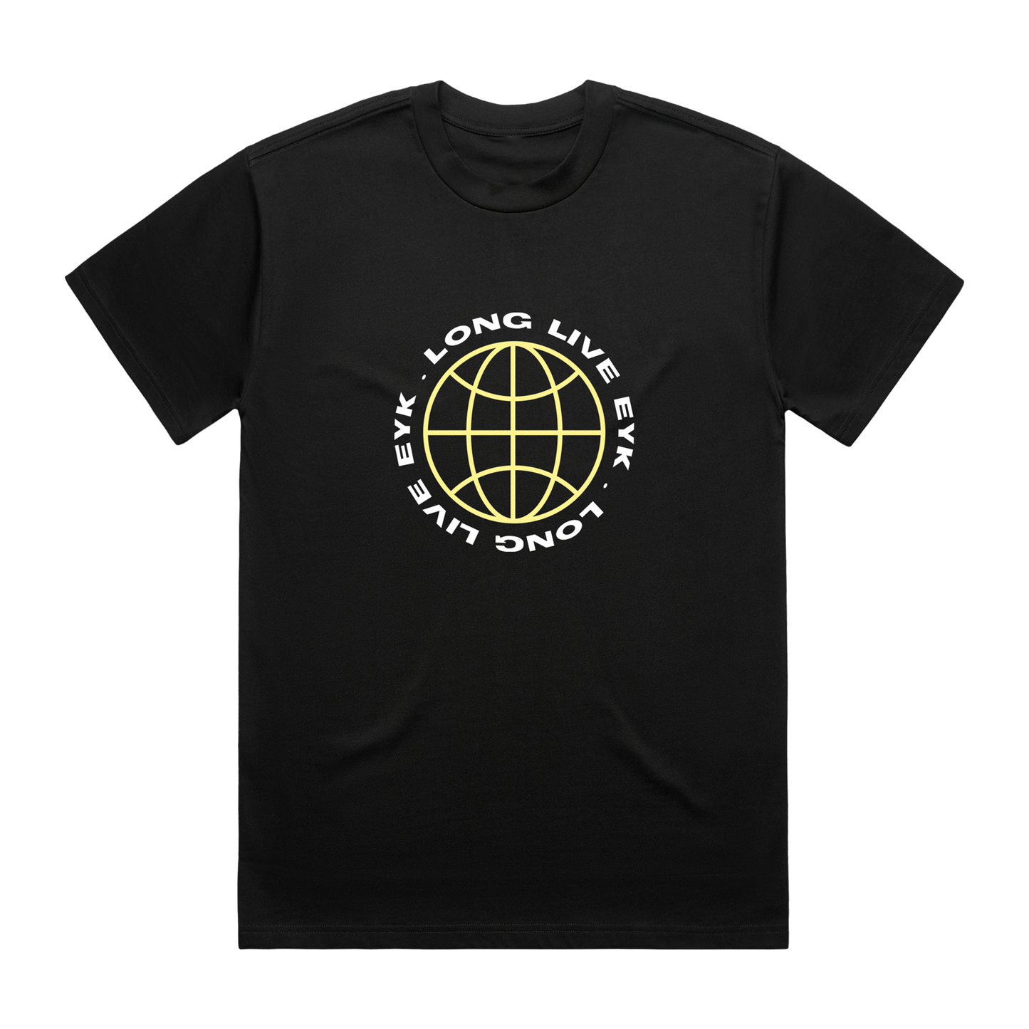 Front view of a black short-sleeve regular fit T-Shirt with a 'Long live Everyone you Know' print across the front