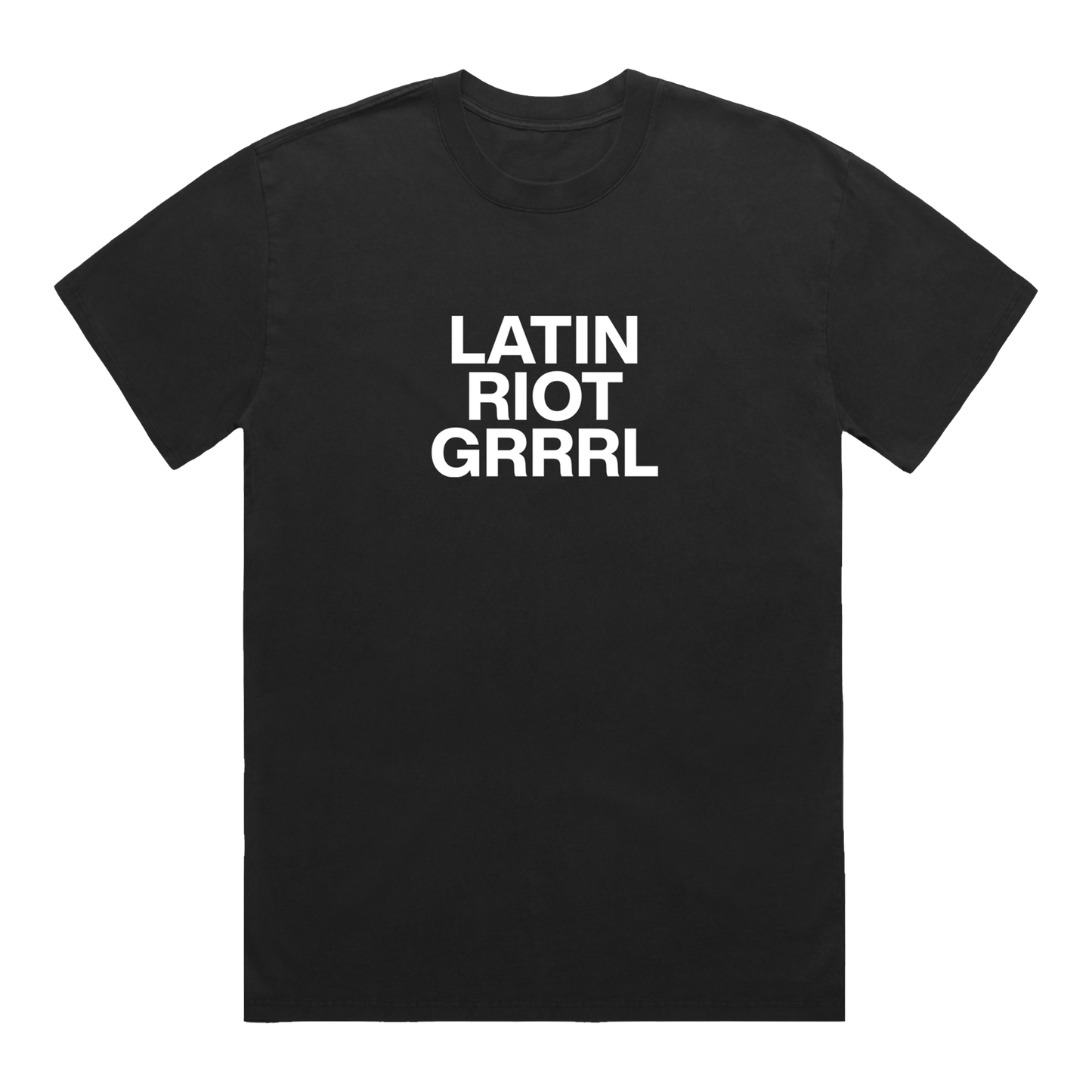 Black t-shirt with white text 'LATIN RIOT GRRRL'