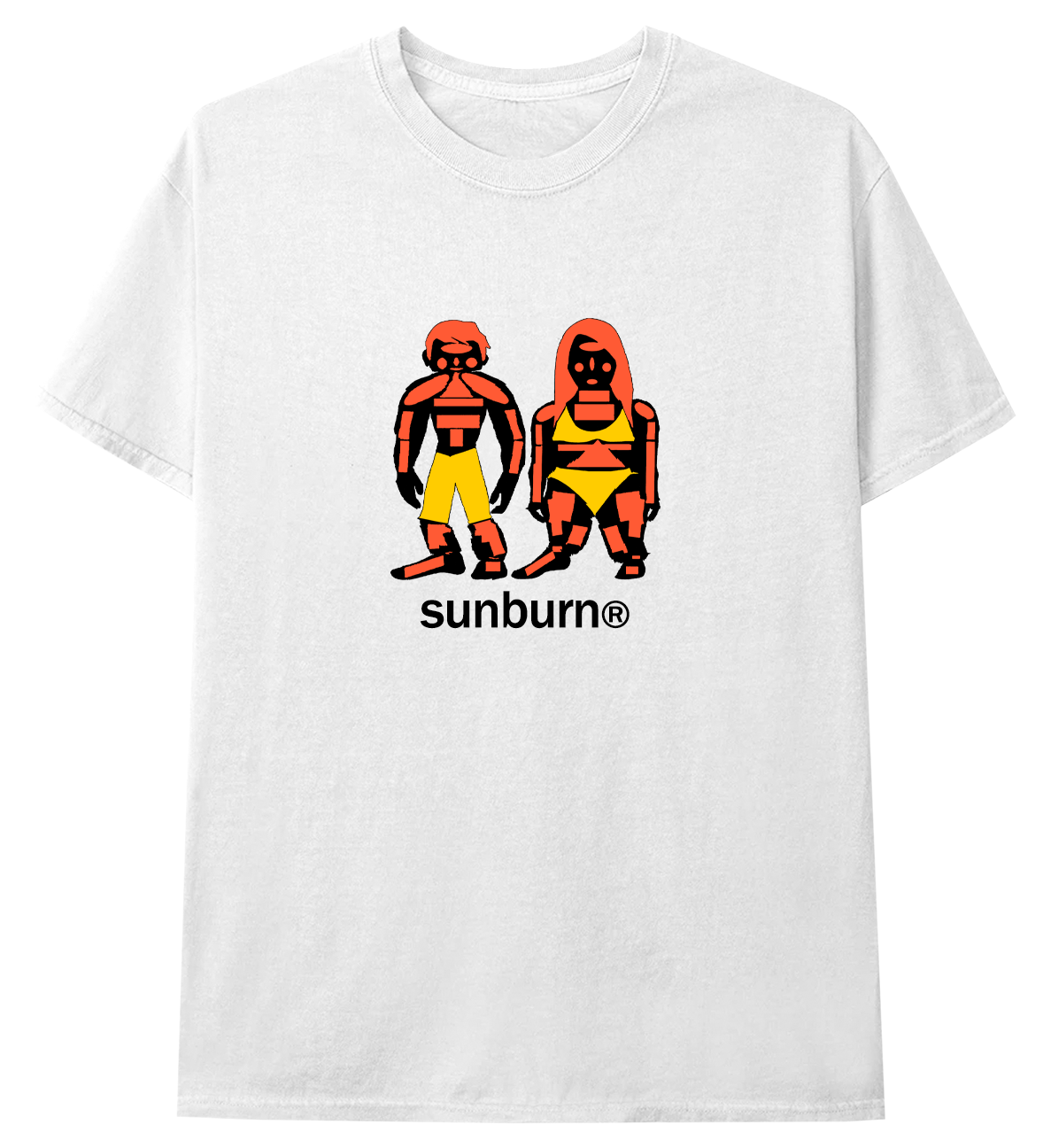 Front view of a white short-sleeve unisex regular fit T-shirt featuring a graphic of two sunburned figures with black text underneath reading 'sunburn'.