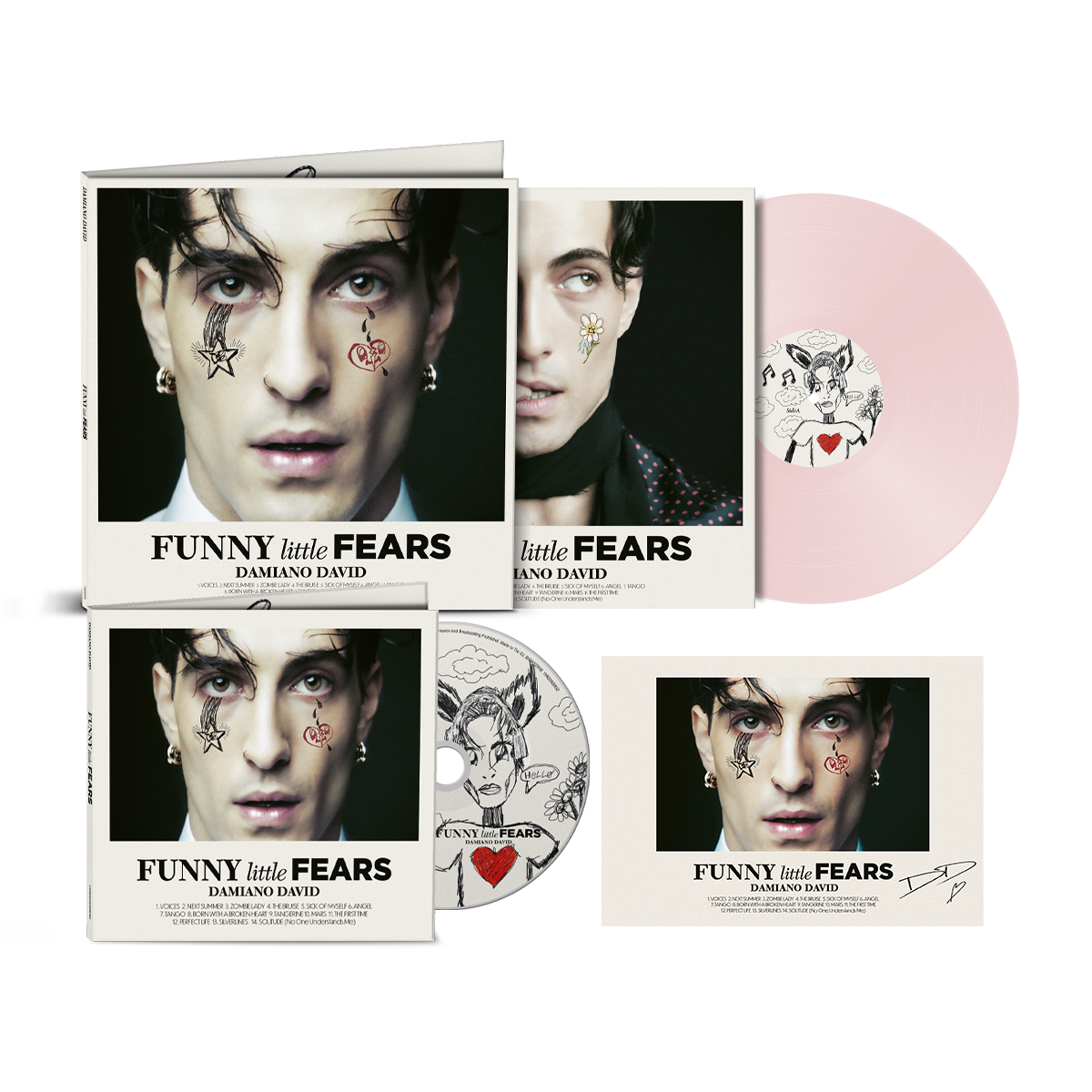 Front view of Damiano David - FUNNY little FEARS | SIGNED BUNDLE including: CD, Signed Pink Vinyl LP + Signed Art Card