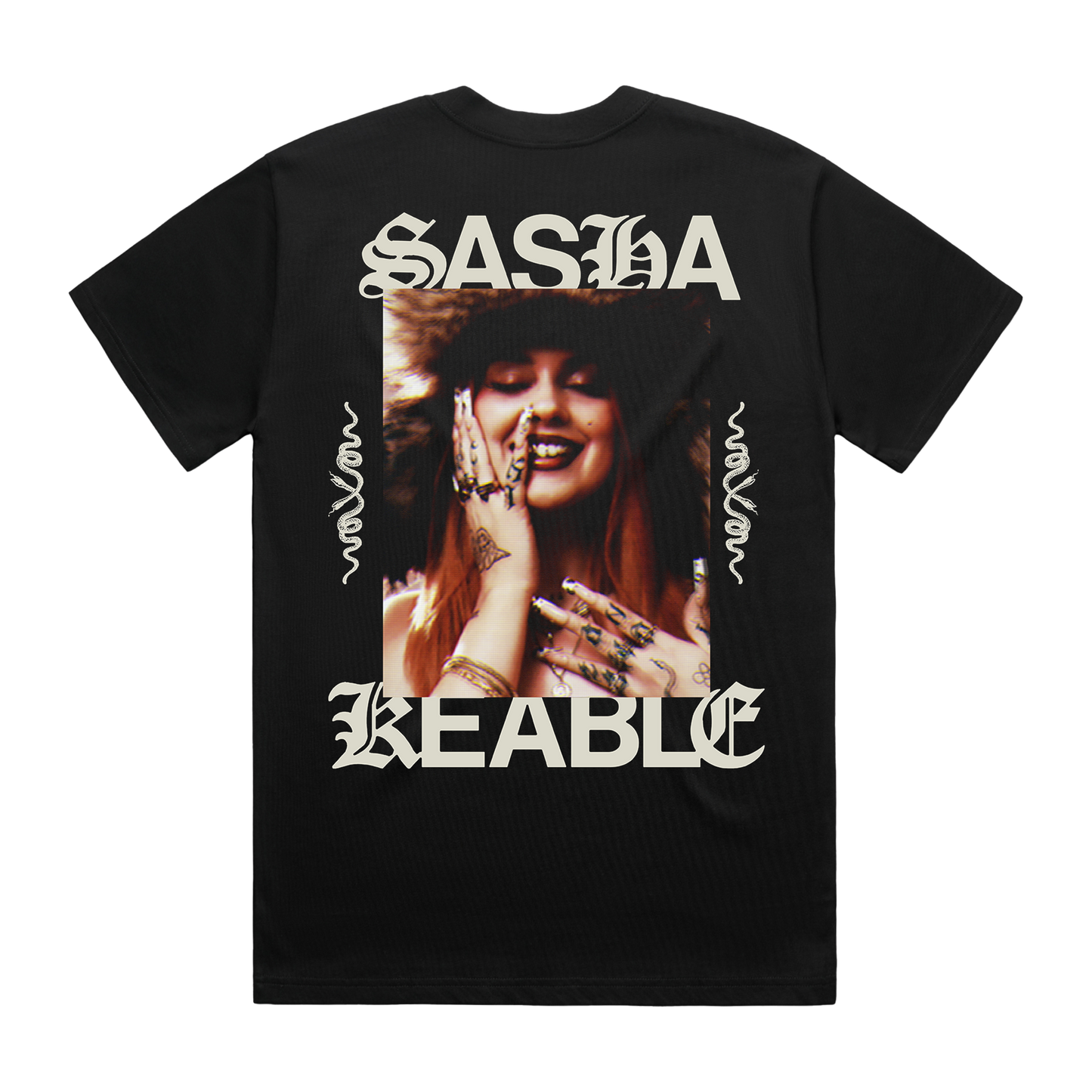 Black t-shirt with a photo of Sasha Keable on front.