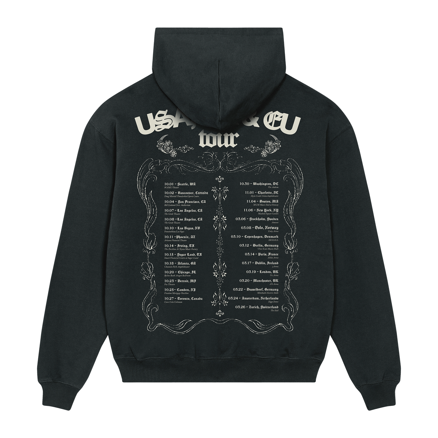 Black Sasha Keable tour hoodie with white text and design on the back.