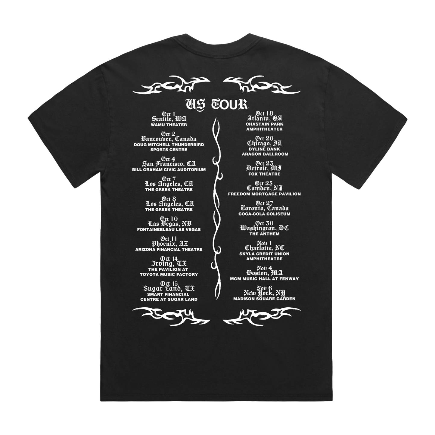 Black Sasha Keable t-shirt with white US tour dates text and graphics.