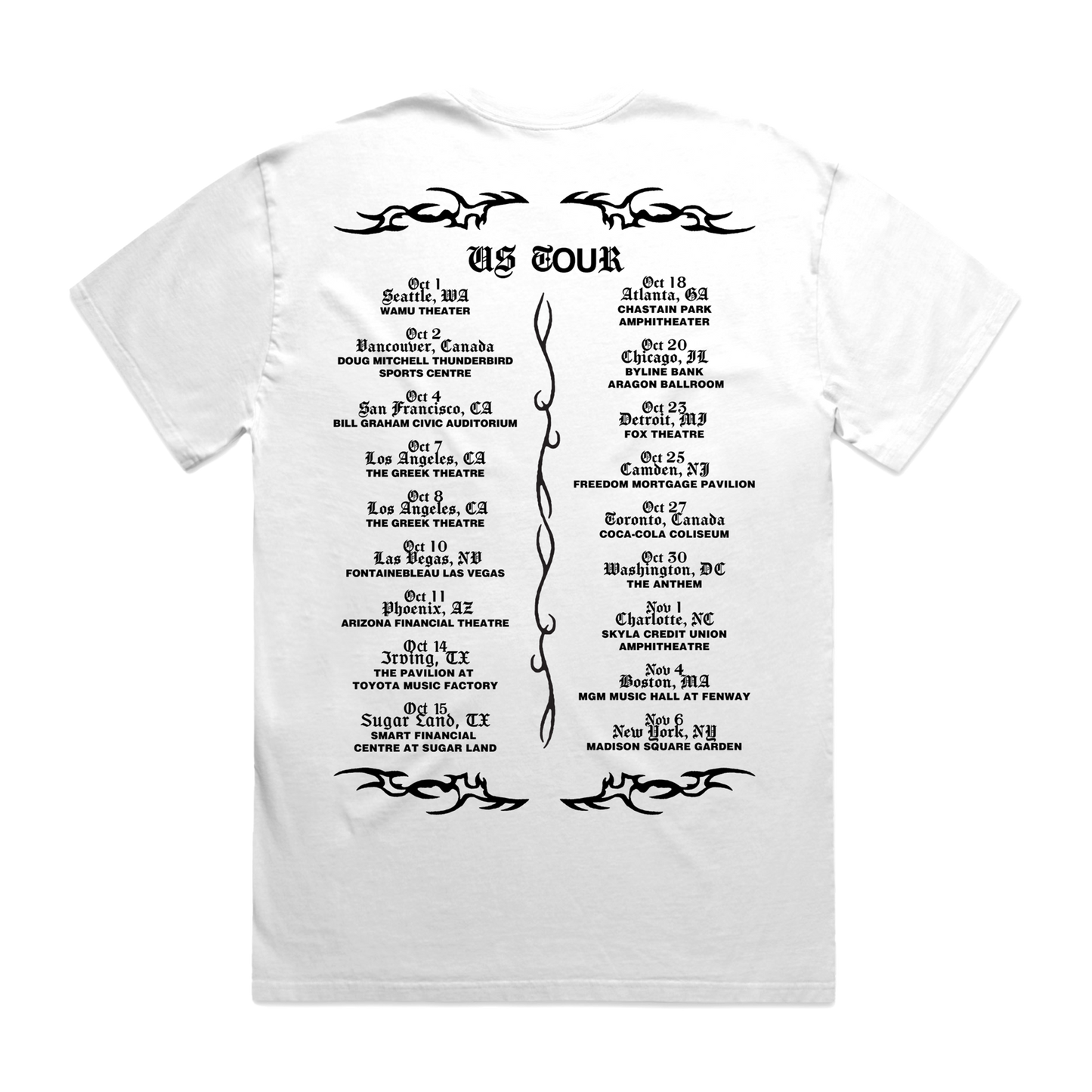 White t-shirt with black US tour dates text and graphics.
