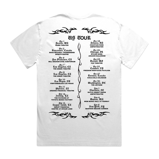 White t-shirt with black US tour dates text and graphics.