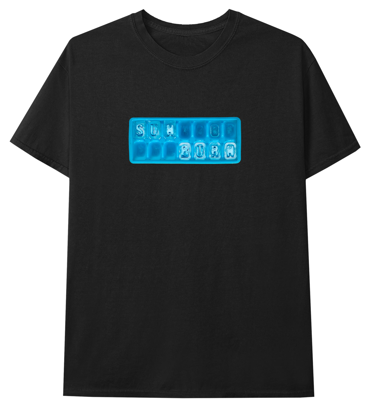 Front of a black short-sleeve unisex T-shirt in a regular fit, showcasing an ice blue graphic of an ice cube tray with the phrase ‘sun burn’ frozen into the cubes.