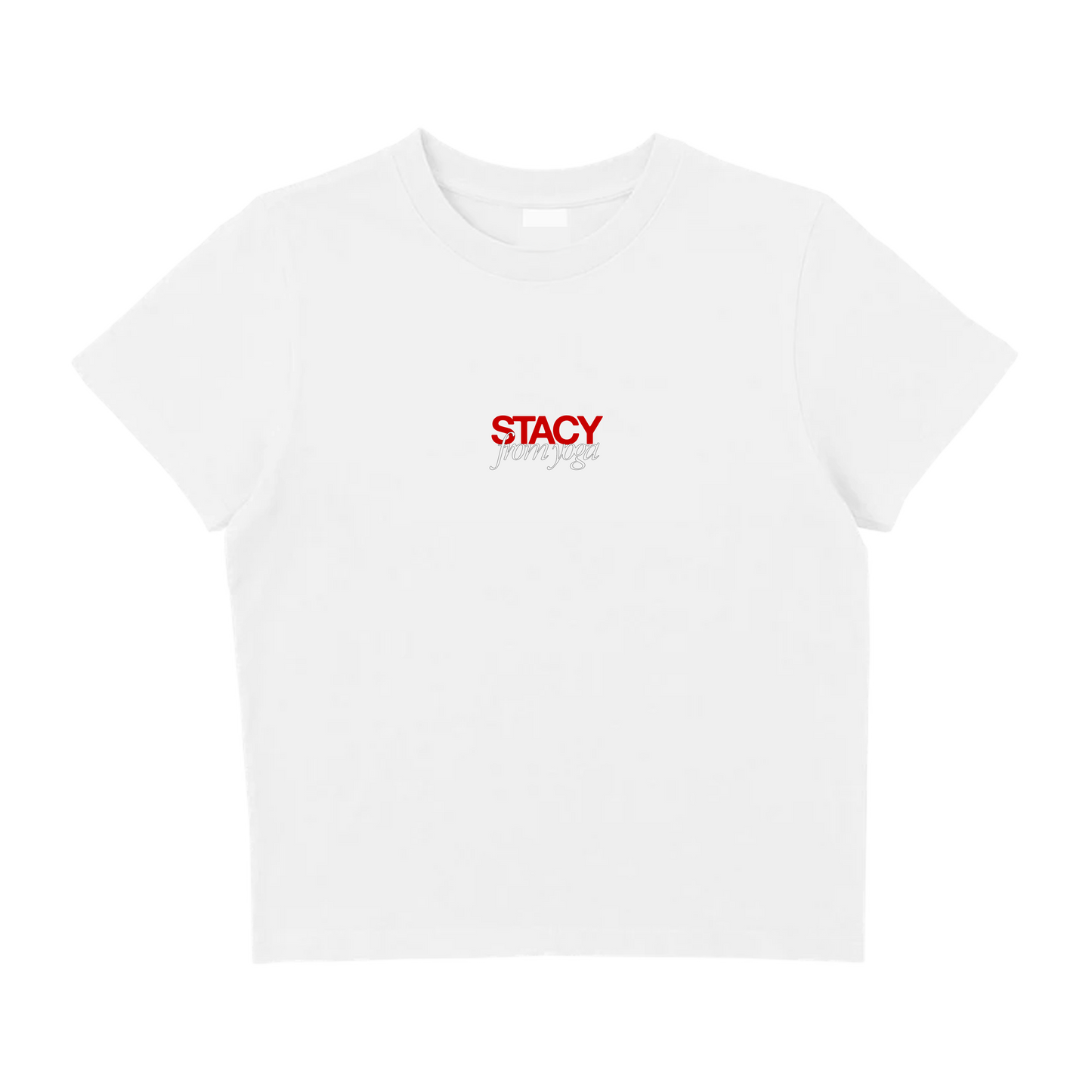 A white T-shirt with the word ‘STACY’ printed in small red letters across the center of the chest