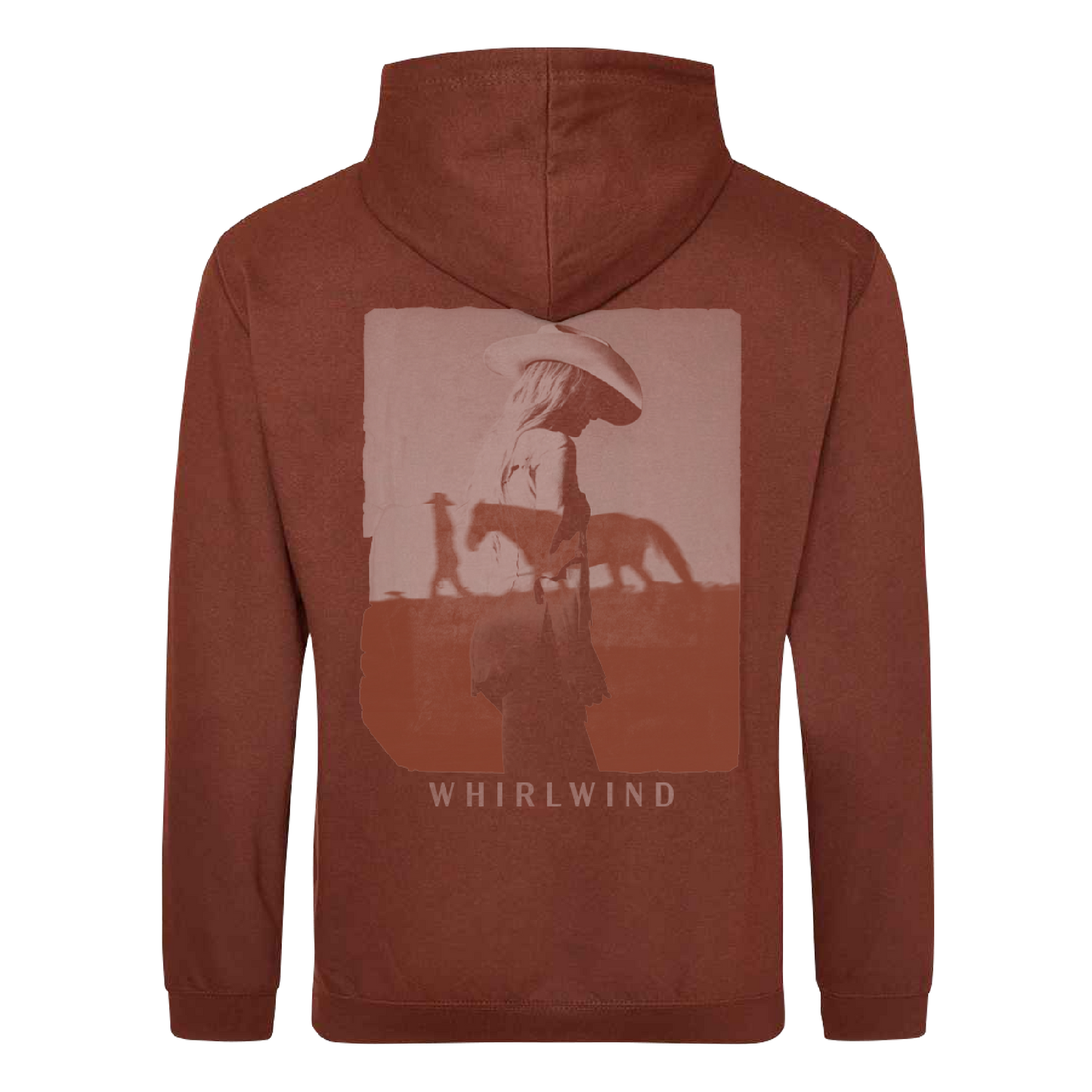A rust-colored hoodie featuring a faded graphic of a person in a cowboy hat standing beside a horse, with the word ’whirlwind’ printed below.