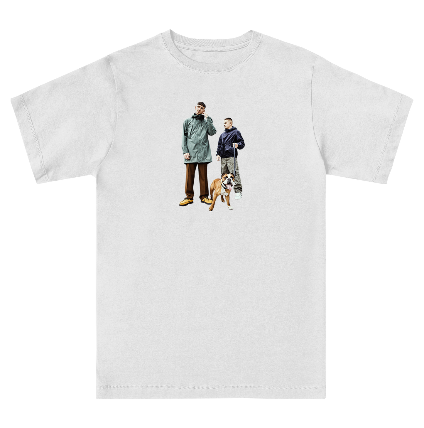 Front and back view of a white short-sleeve unisex T-Shirt with Everyone you know Just for Times print across the front