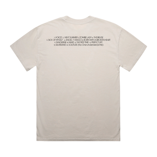 Back view of a white unisex T-shirt displaying the Damiano David ‘FUNNY little FEARS’ tracklist printed prominently across the upper back