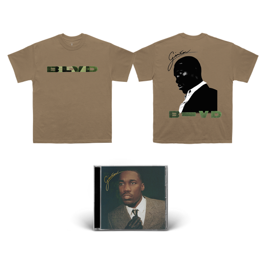 Giveon - BELOVED signed CD and a brown short-sleeve unisex t-shirt featuring a green and black "BELOVED" print across the front and a Giveon print across the back.