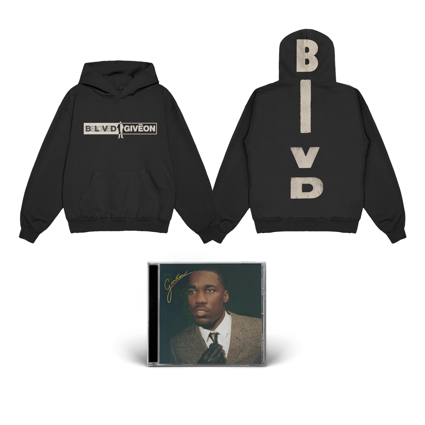 GIVEON - BELOVED Signed CD and a black unisex hoodie featuring a beige and grey "BELOVED | GIVEON" print across the front and a beige "BlvD" print across the back.