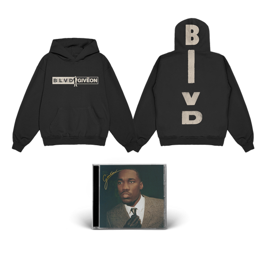 GIVEON - BELOVED Signed CD and a black unisex hoodie featuring a beige and grey "BELOVED | GIVEON" print across the front and a beige "BlvD" print across the back.