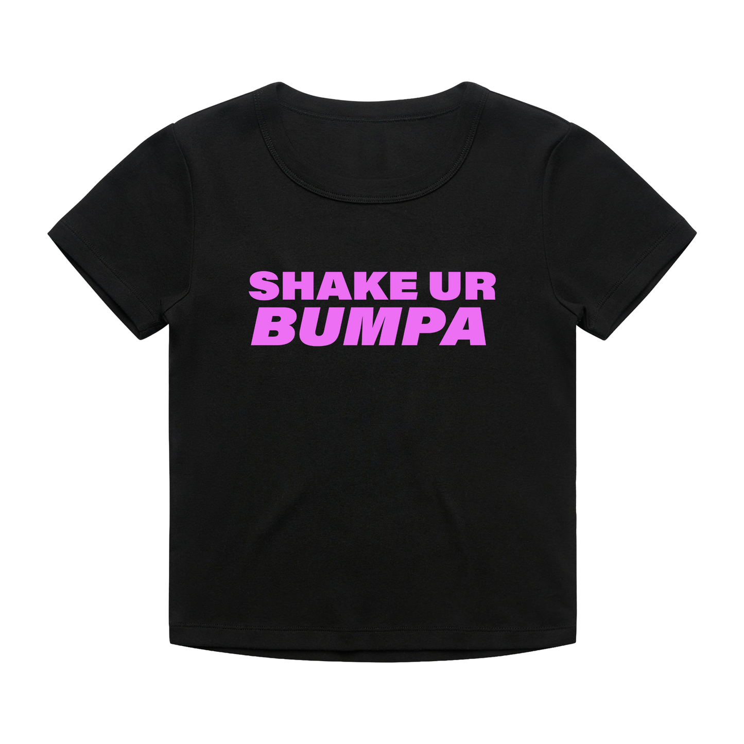 A black short-sleeve scoop neck t-shirt with the phrase 'SHAKE UR BUMPA' printed in bold pink letters across the chest.