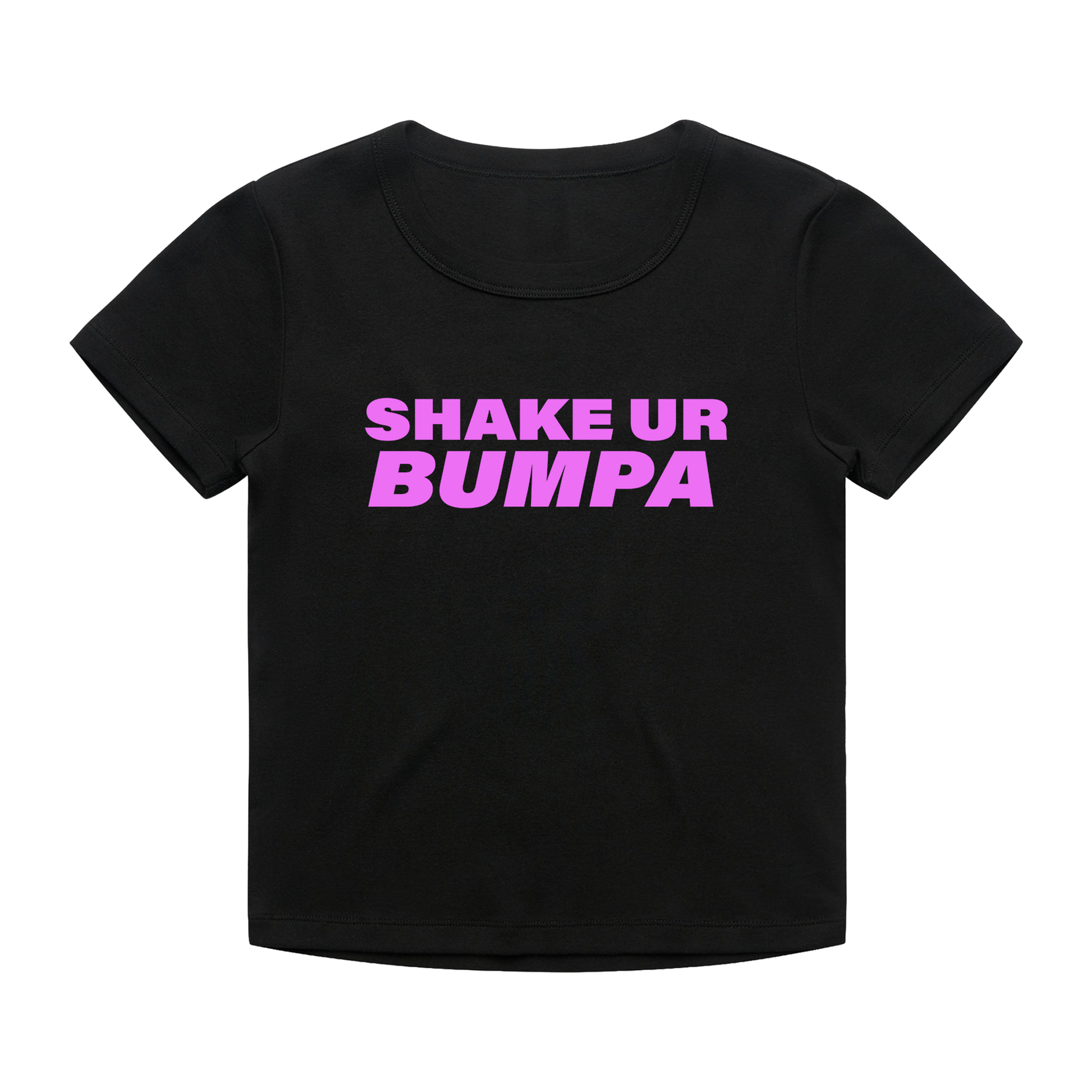 A black short-sleeve scoop neck t-shirt with the phrase 'SHAKE UR BUMPA' printed in bold pink letters across the chest.