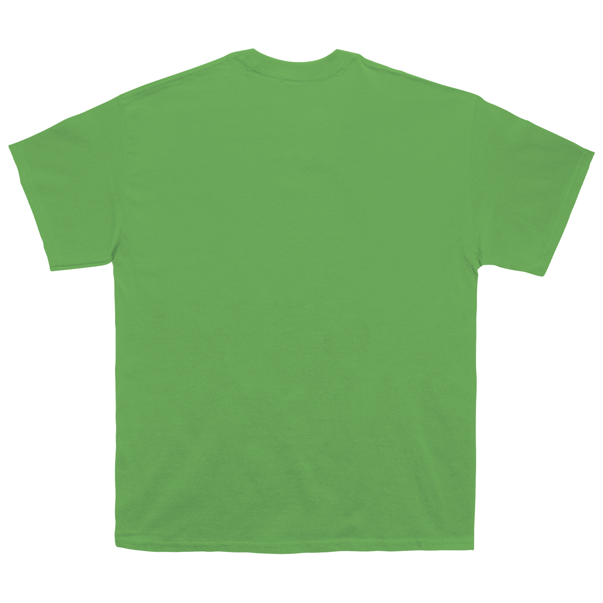 A bright green short-sleeve crewneck t-shirt shown from the back, laid flat against a solid white background.