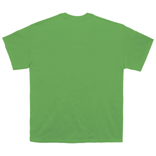 A bright green short-sleeve crewneck t-shirt shown from the back, laid flat against a solid white background.