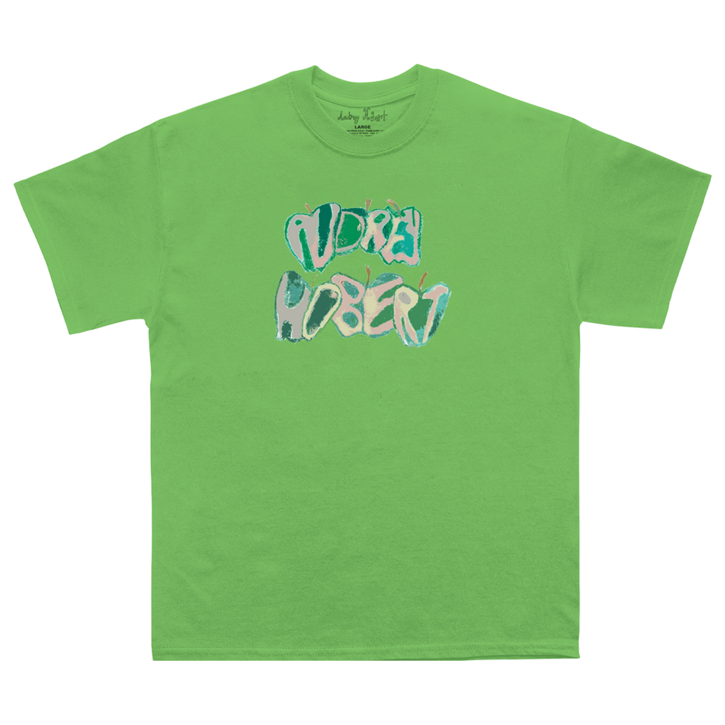 A bright green crewneck t-shirt featuring a stylized graphic print of the text 'AUDREYHOBERT' in a bubbly, layered font with teal, light blue, and pink colors, displayed on a clean white background.
