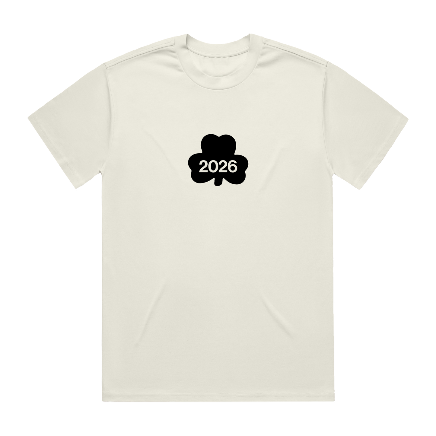 Aaron Rowe bone colored t-shirt with a black clover design featuring '2026'.