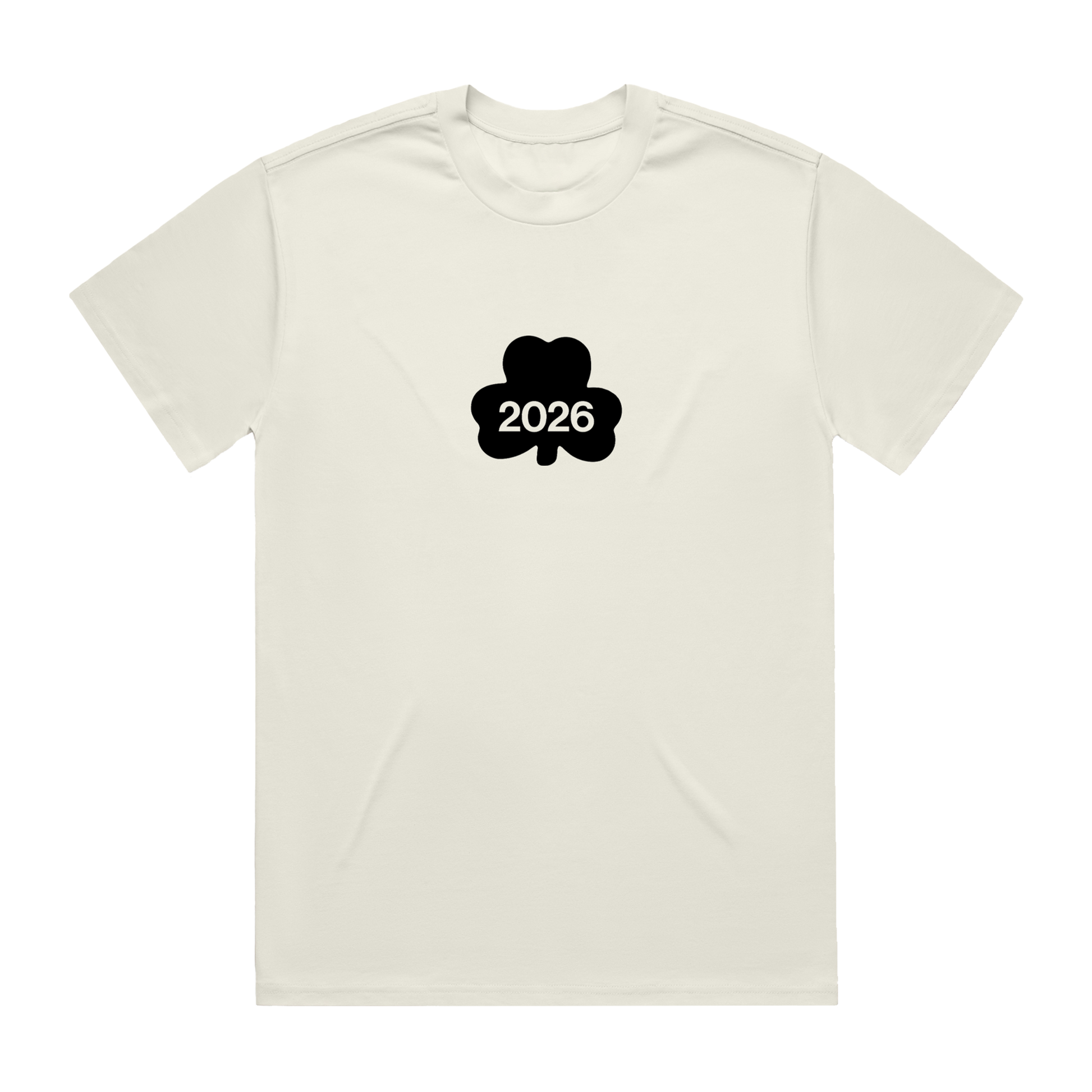 Aaron Rowe bone colored t-shirt with a black clover design featuring '2026'.