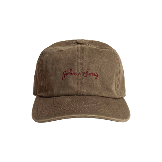 Brown Aaron Rowe cap with 'John's Song' embroidery on front.