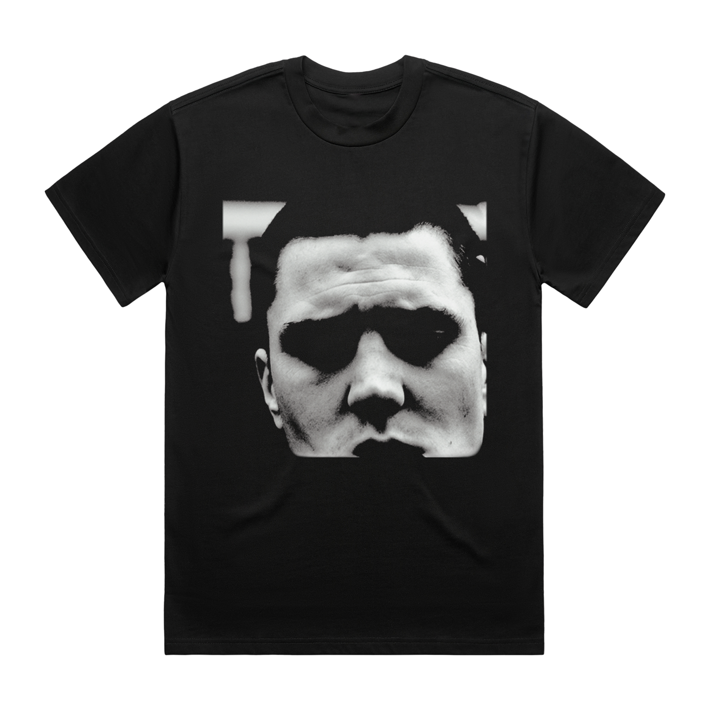 Black t-shirt with black and white Aaron Rowe design across the front