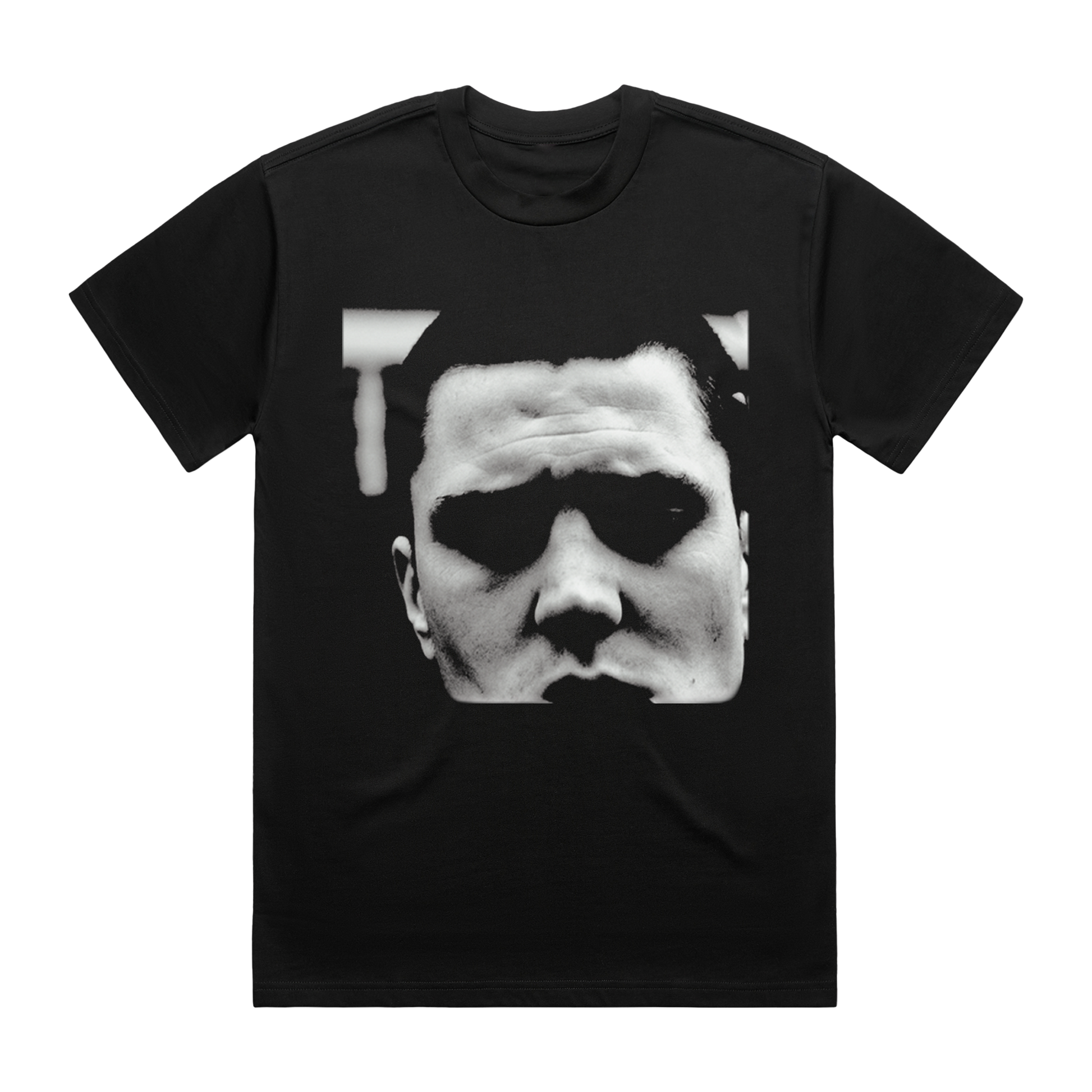 Black t-shirt with black and white Aaron Rowe design across the front