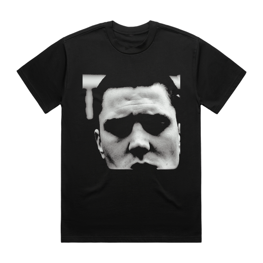 Black t-shirt with black and white Aaron Rowe design across the front