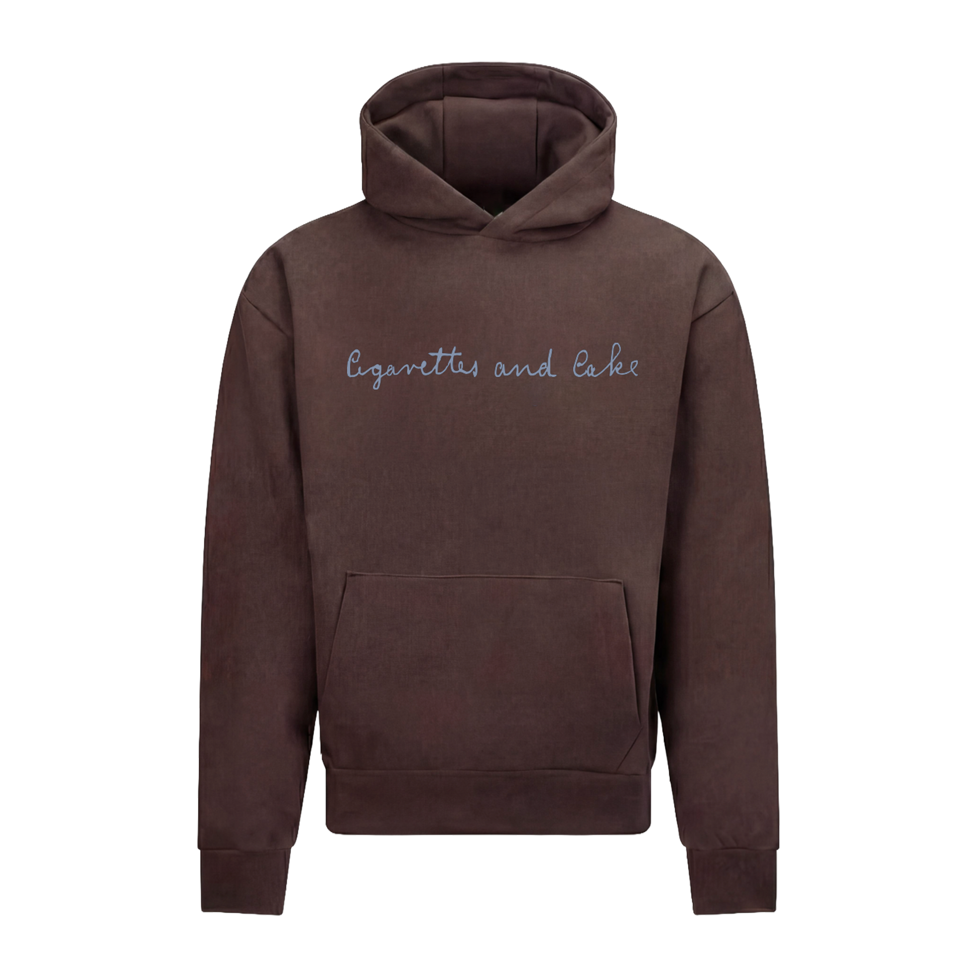 Brown Aaron Rowe hoodie with 'Cigarettes and Cake' text.