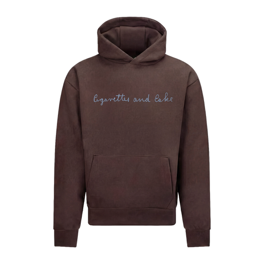 Brown Aaron Rowe hoodie with 'Cigarettes and Cake' text.