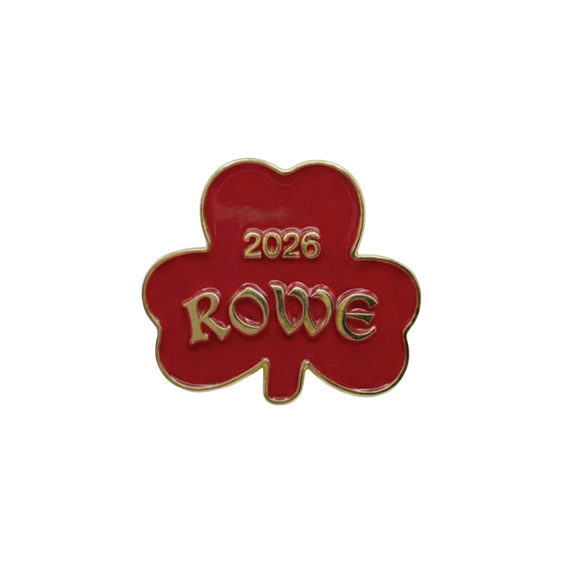 Red and gold clover-shaped pin with '2026 ROWE' text.