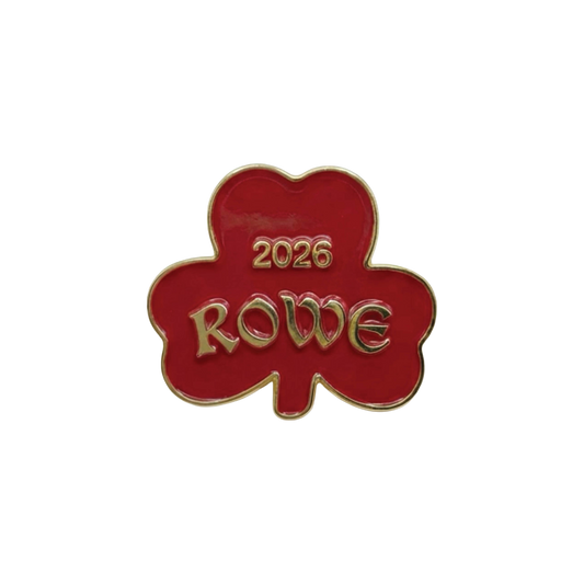 Red and gold clover-shaped pin with '2026 ROWE' text.