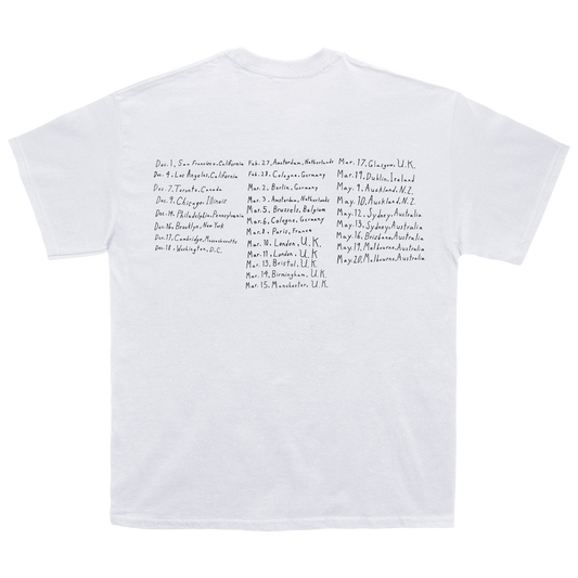 Back view of a white short-sleeve T-shirt featuring black text listing Audrey Hobert’s 2026 tour dates.