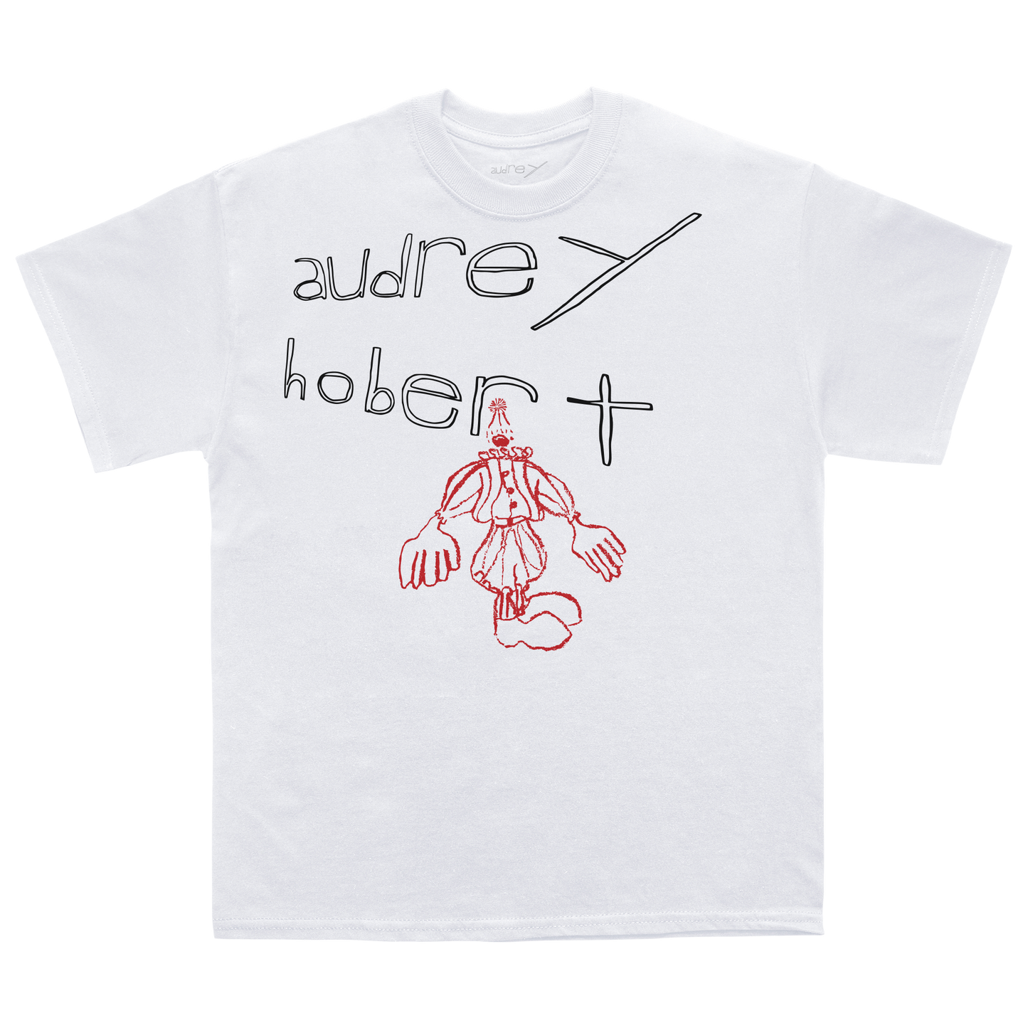 Front view of a white t-shirt with 'Audrey Hobert' text and red doodle-style clown graphic 