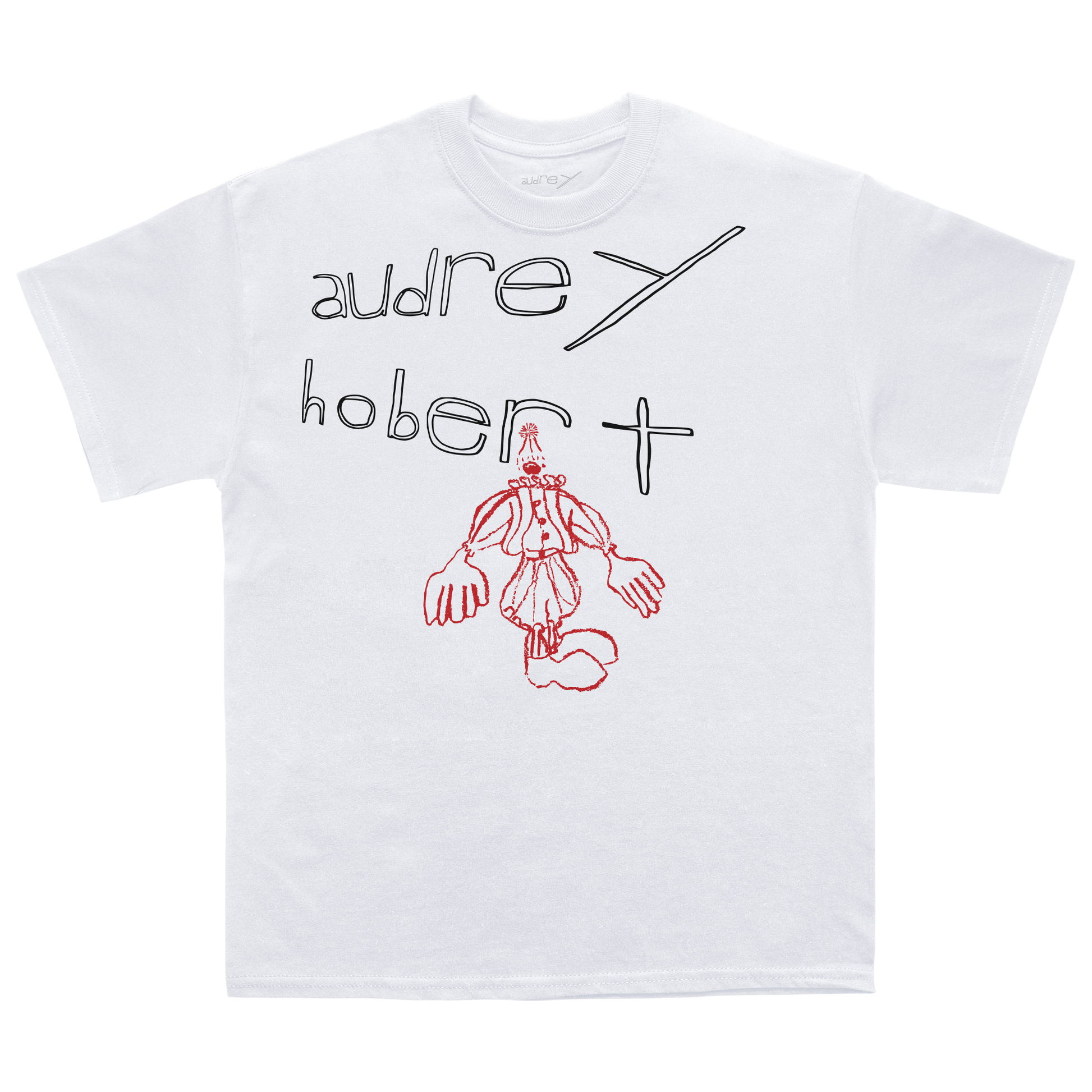 Front view of a white t-shirt with 'Audrey Hobert' text and red doodle-style clown graphic 