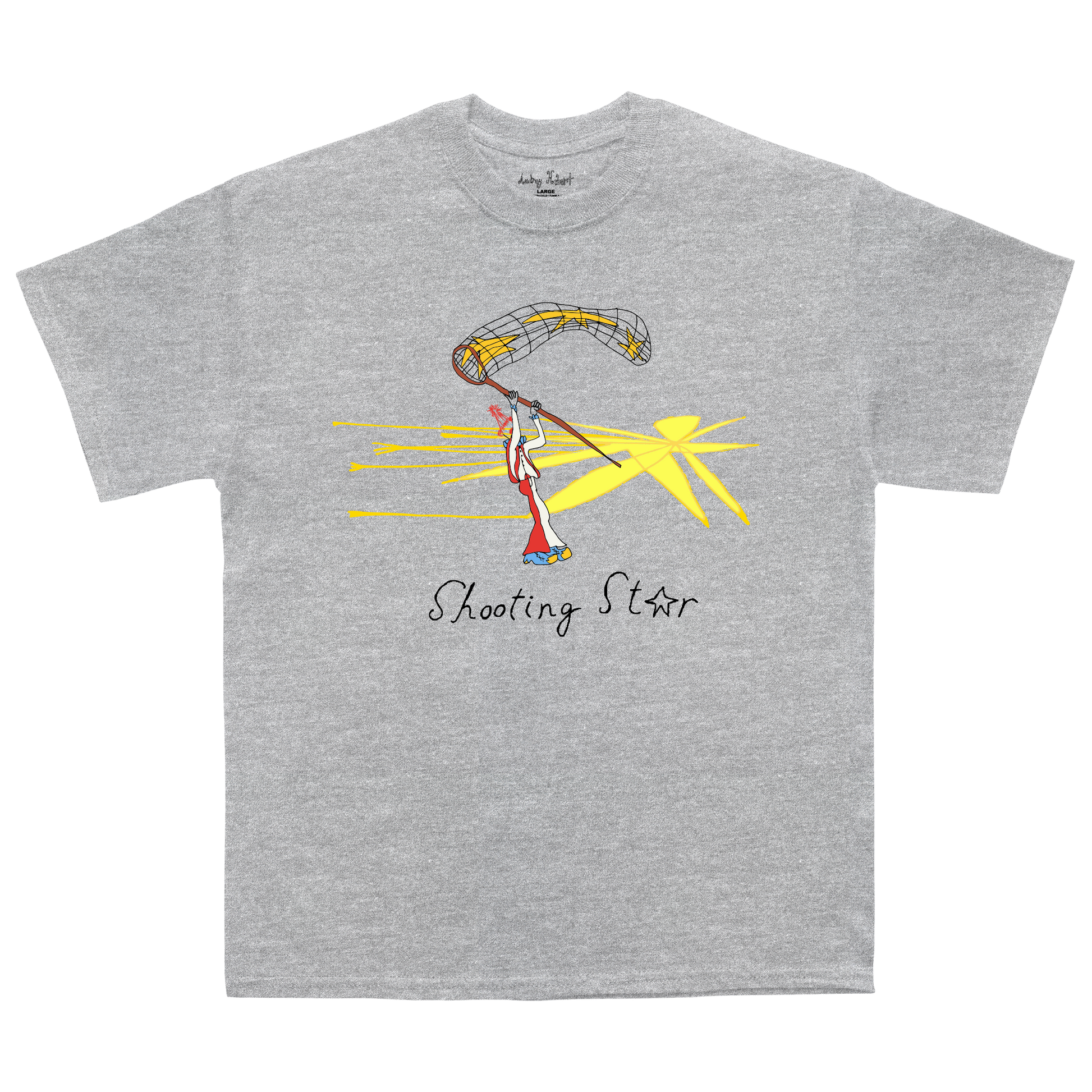 Front view of a grey short-sleeve t-shirt with Shooting star print