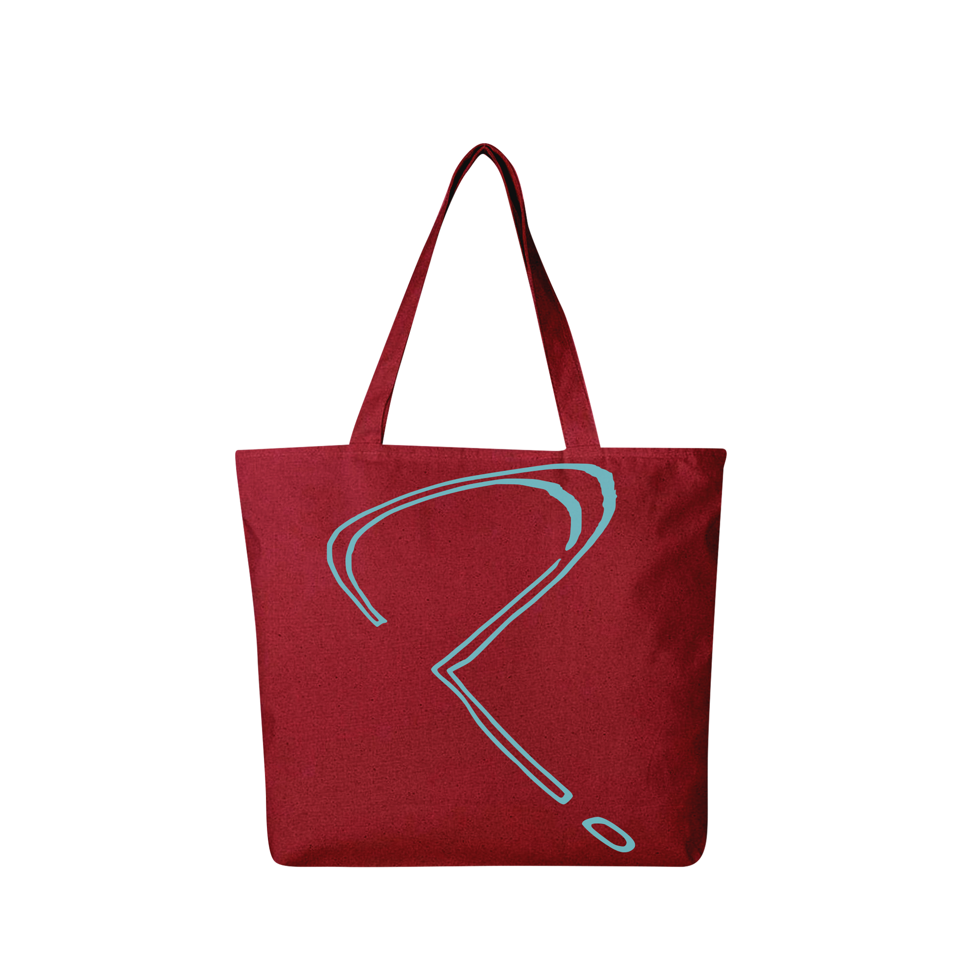 back view of a red tote bag with blue question mark