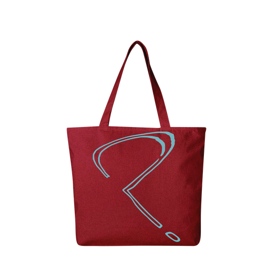 back view of a red tote bag with blue question mark
